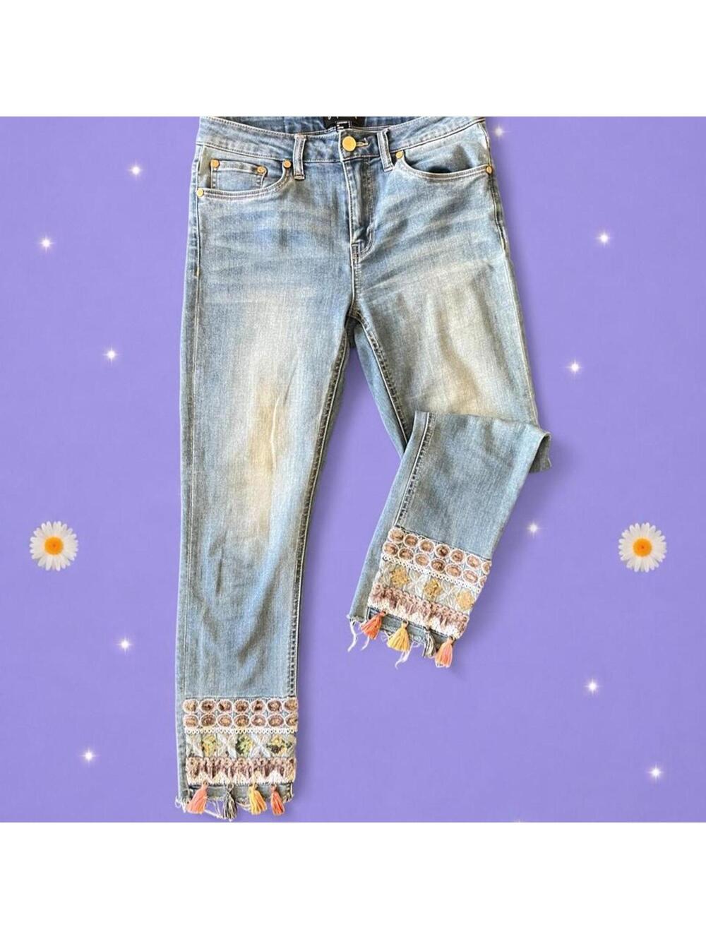 Vintage Y2K Joseph Ribkoff Boho Embroidered Tassel Ankle Jeans Size US 6 UK 8 🤎